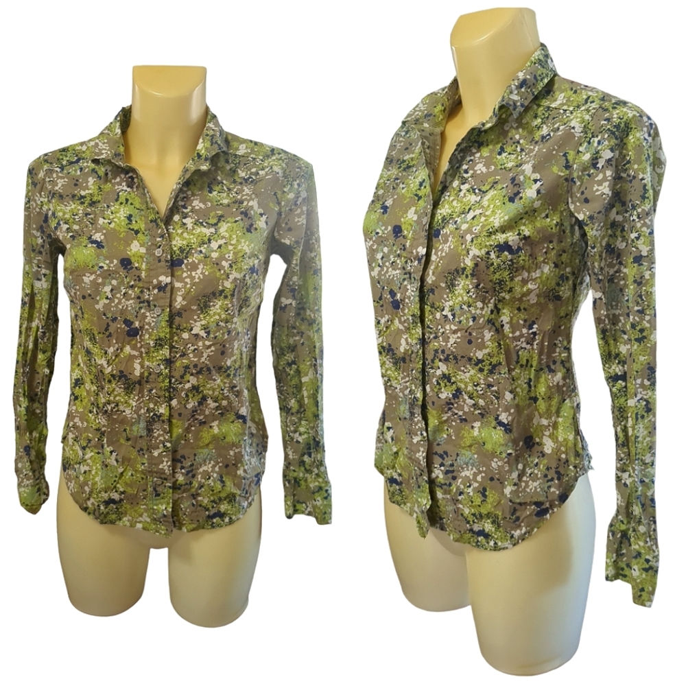 EDDIE BAUER Brown Green White Paint Splatter Print Button Down Shirt